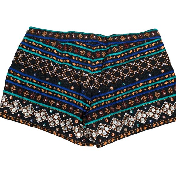 Lucky Brand Embroidered Sequin Shorts S Black Mid Rise Zip Rhinestones Cotton - Picture 3 of 6